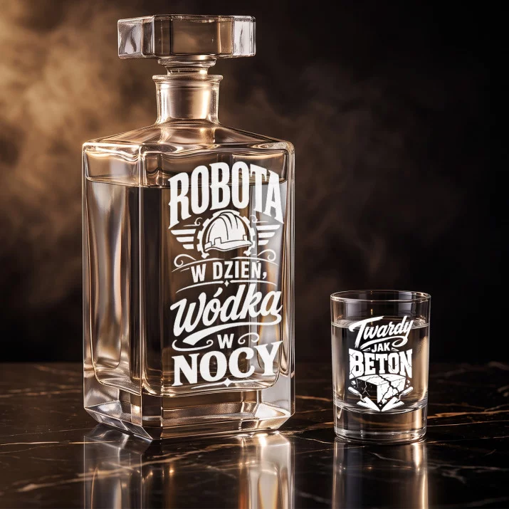 Zestaw Do Wódki z Grawerem Dla Budowlańca Prezent: Robota W Dzień, Wódka W Nocy