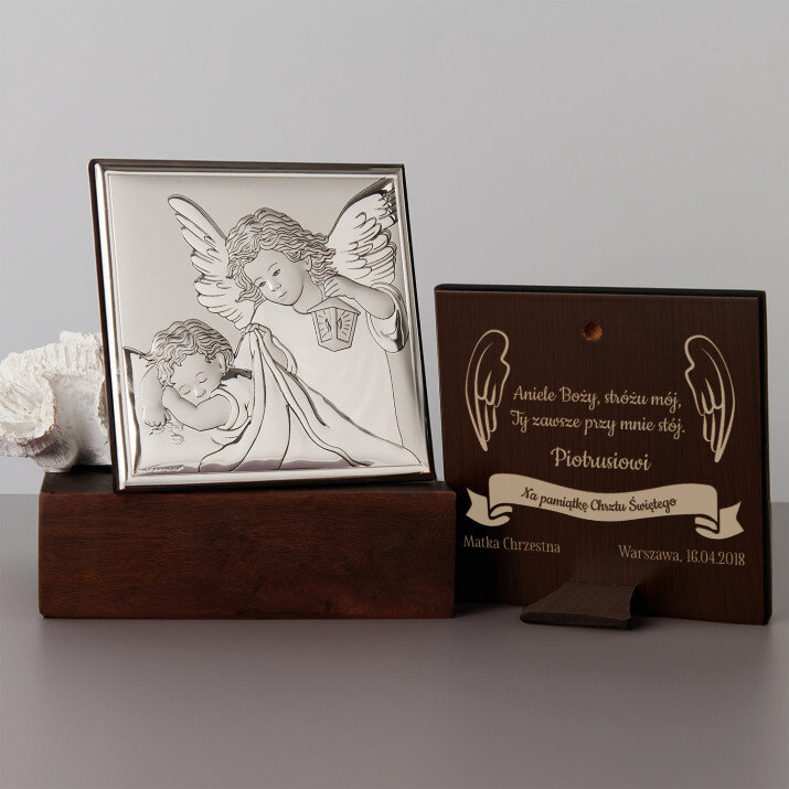 Aniele Boży - Aniołek z Latarenką - Srebrny Obrazek z Grawerem