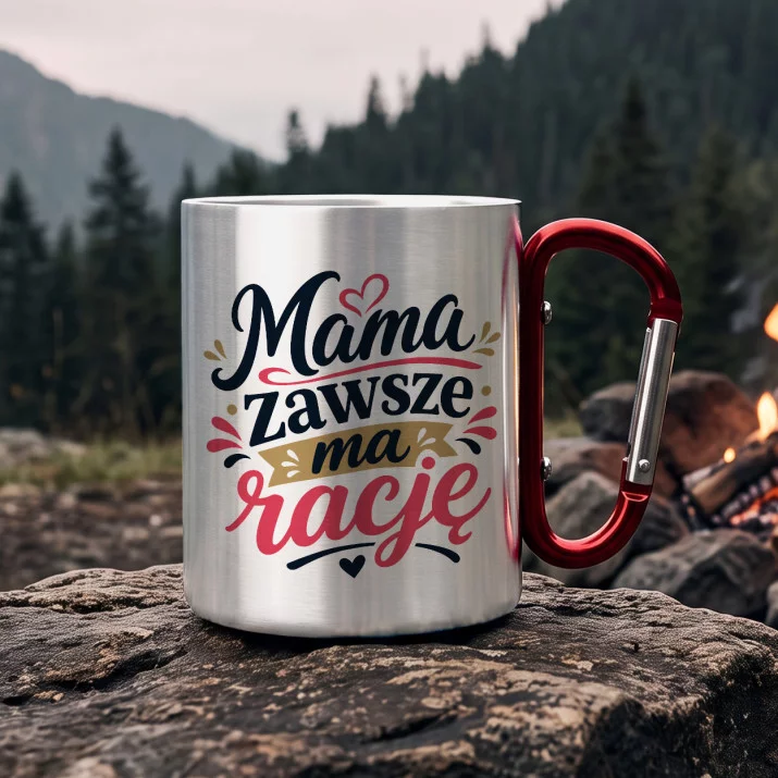 Kubek Metalowy z Karabińczykiem Dla Mamy Prezent Na Dzień Mamy Dla Kobiety: Kawa I Racja Kubek Metalowy z Karabińczykiem Dla Mamy Prezent Na Dzień Mamy Dla Kobiety: Kawa I Racja