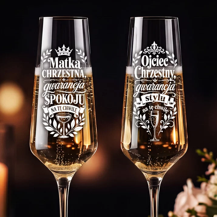Dwa Kieliszki Do Szampana Dla Chrzestnych Prezent Dla Pary: Chrzestni Z Klasą Dwa Kieliszki Do Szampana Dla Chrzestnych Prezent Dla Pary: Chrzestni Z Klasą