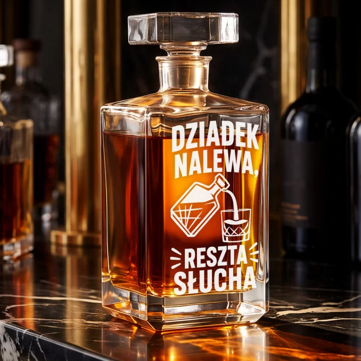 Karafka Do Whisky z Grawerem Na Dzień Dziadka Prezent Dla Dziadka: Dziadek Nalewa, Reszta Słucha Karafka Do Whisky z Grawerem Na Dzień Dziadka Prezent Dla Dziadka: Dziadek Nalewa, Reszta Słucha
