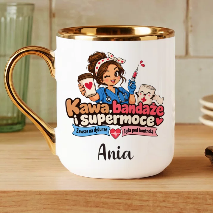 Kubek Personalizowany Dla Pielęgniarki Prezent Dla Kobiety: Kawa, Bandaże I Supermoce Kubek Personalizowany Dla Pielęgniarki Prezent Dla Kobiety: Kawa, Bandaże I Supermoce