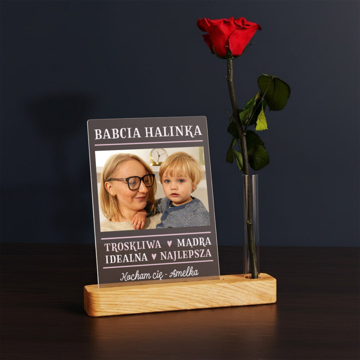 Babcia cechy - Wydruk na szkle akrylowym z różą