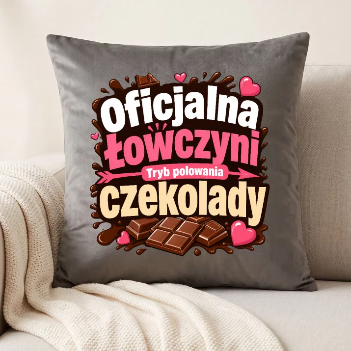 Poduszka Dekoracyjna Na Zajączka Prezent Dla Kobiety: Oficjalna Łowczyni Czekolady Poduszka Dekoracyjna Na Zajączka Prezent Dla Kobiety: Oficjalna Łowczyni Czekolady