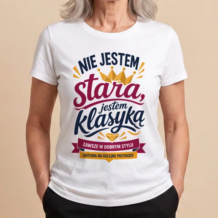 Koszulka Damska Biała Dla Starszej Pani Prezent Dla Kobiety: Klasyczna Z Humorem