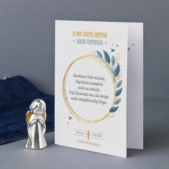 Boże dziecię - Zestaw srebrny aniołek i kartka