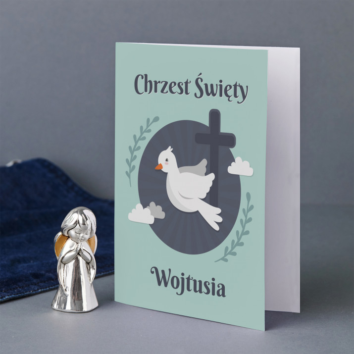 Chrzest święty 2 - Zestaw srebrny aniołek i kartka