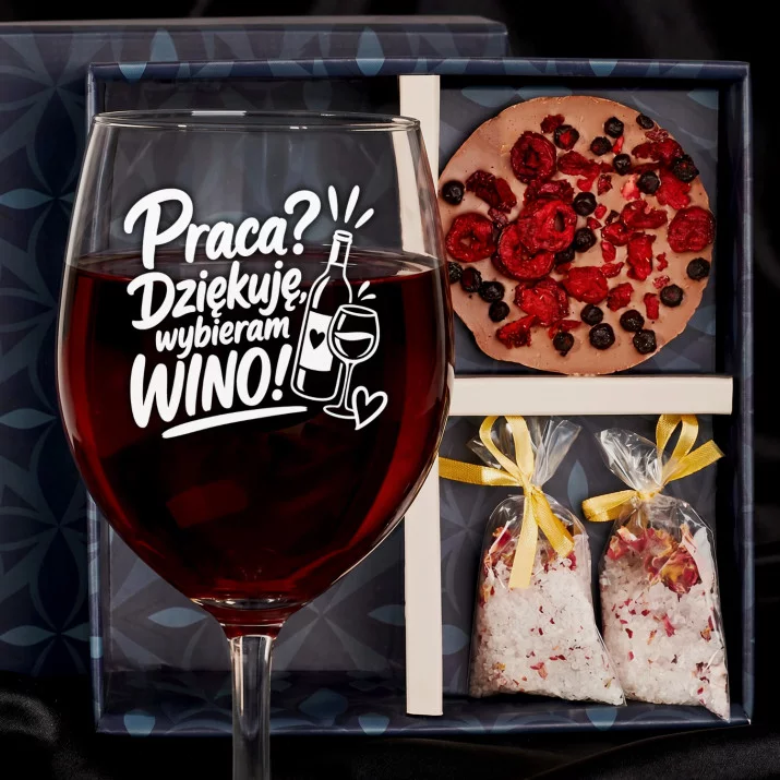 Zestaw Prezenowy Z Kieliszkiem Do Wina Na Pożegnanie Z Pracy: Praca? Wybieram Wino