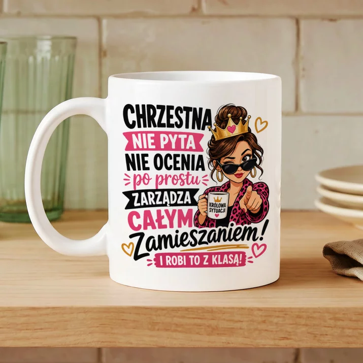 Kubek Z Nadrukiem Dla Chrzestnej Prezent Dla Kobiety: Chrzestna Królowa Zamieszania Kubek Z Nadrukiem Dla Chrzestnej Prezent Dla Kobiety: Chrzestna Królowa Zamieszania