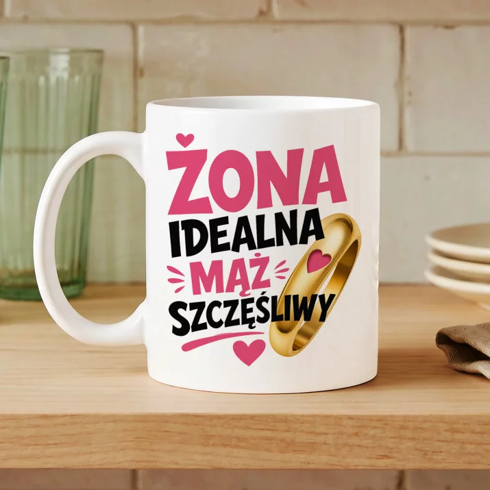 Kubek Z Nadrukiem Na Rocznicę Ślubu Prezent Na Walentynki Dla Kobiety: Żona Idealna, Mąż Szczęśliwy Kubek Z Nadrukiem Na Rocznicę Ślubu Prezent Na Walentynki Dla Kobiety: Żona Idealna, Mąż Szczęśliwy
