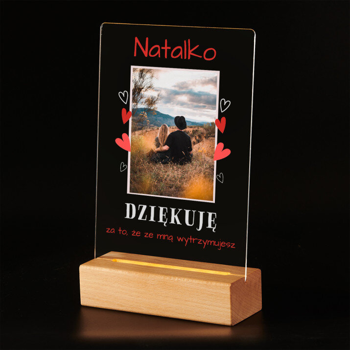 Dziękuję, że wytrzymujesz - Wydruk na szkle akrylowym z podstawką led