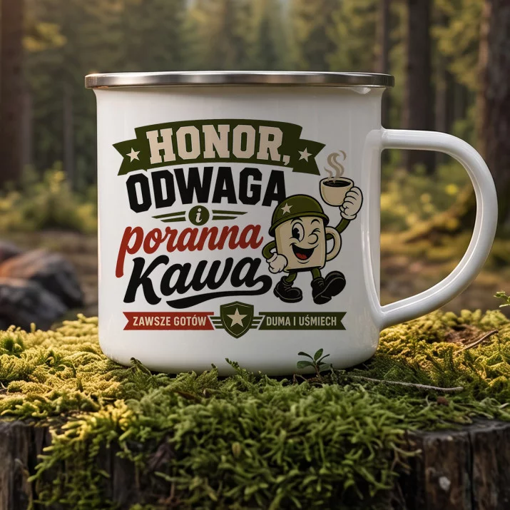 Kubek Emaliowany Na Przysięgę Wojskową Prezent Dla Żołnierza Mężczyzny: Honor I Kawa