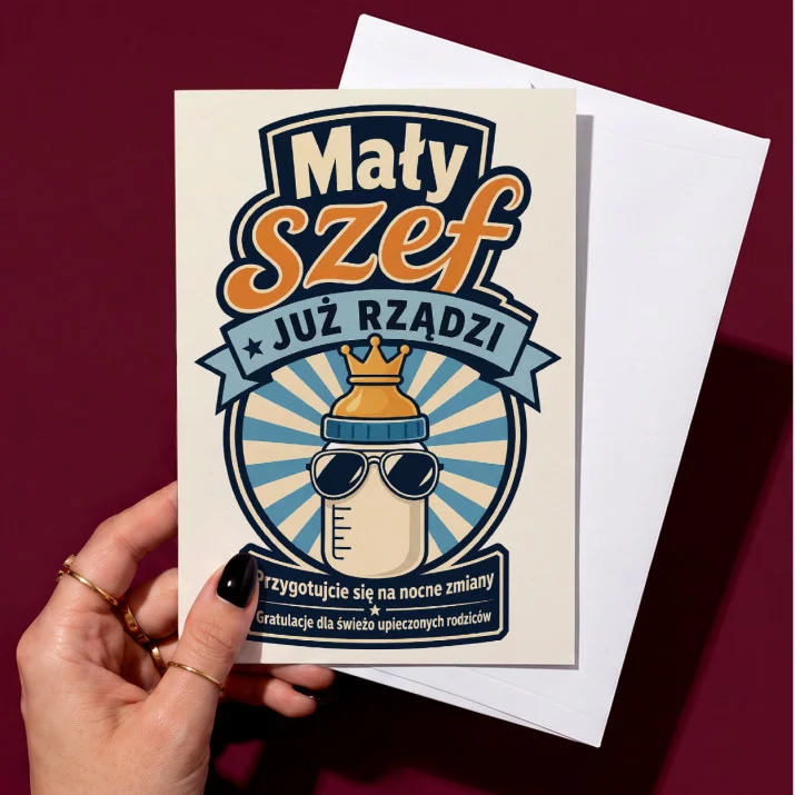 Kartka z Życzeniami Na Urodzenie Dziecka Dla Kobiety: Mały Szef Retro Kartka z Życzeniami Na Urodzenie Dziecka Dla Kobiety: Mały Szef Retro