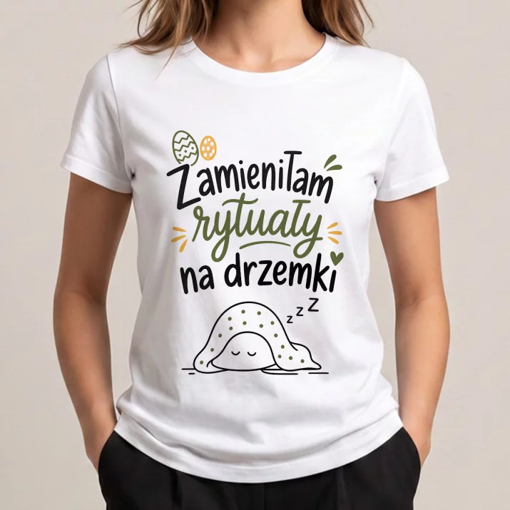 Koszulka Damska Biała Na Święta Wielkanocne Prezent Dla Kobiety: Ironia I Drzemka
