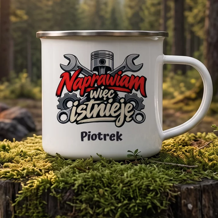 Kubek Emaliowany Dla Mechanika Prezent Dla Mężczyzny: Naprawiam Więc Istnieję Kubek Emaliowany Dla Mechanika Prezent Dla Mężczyzny: Naprawiam Więc Istnieję