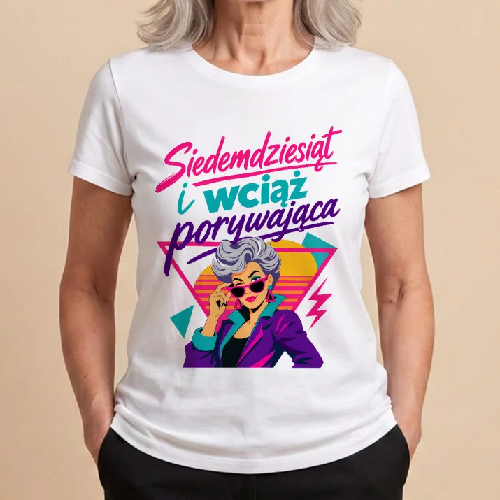 Koszulka Damska Biała Dla 70 Latki Prezent Na 70 Urodziny Dla Kobiety: Retro Neonowa Radość