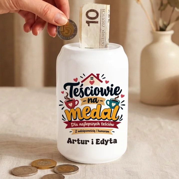 Skarbonka Dla Teściów Prezent Dla Pary: Teściowie Na Medal Skarbonka Dla Teściów Prezent Dla Pary: Teściowie Na Medal