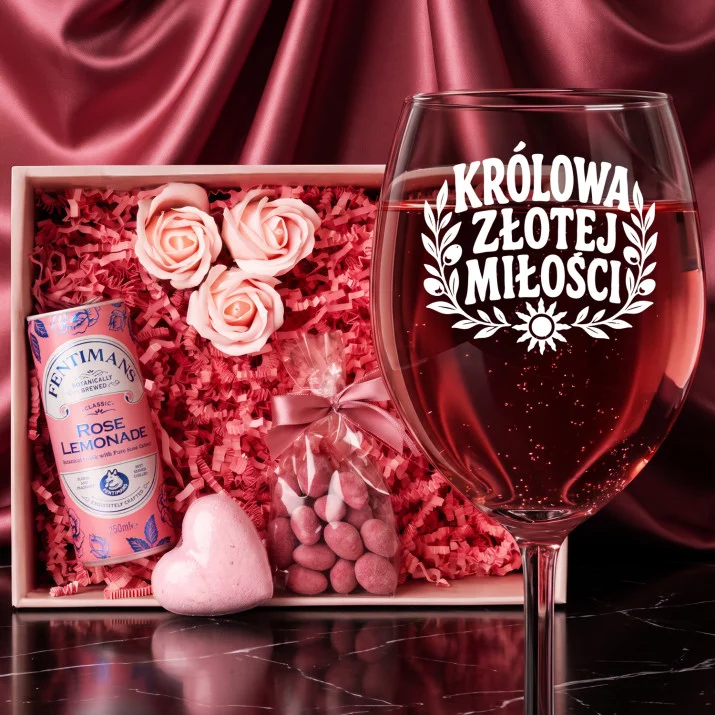 Różowy Zestaw Prezentowy Na 50 Rocznicę Ślubu Dla Kobiety: Złota Miłość Różowy Zestaw Prezentowy Na 50 Rocznicę Ślubu Dla Kobiety: Złota Miłość
