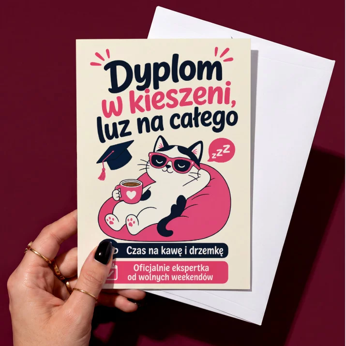 Kartka z Życzeniami Na Zakończenie Szkoły Dla Kobiety: Dyplom I Luz Kartka z Życzeniami Na Zakończenie Szkoły Dla Kobiety: Dyplom I Luz