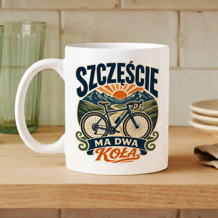 Kubek Z Nadrukiem Dla Rowerzysty Prezent Dla Mężczyzny: Szczęście Ma Dwa Koła Kubek Z Nadrukiem Dla Rowerzysty Prezent Dla Mężczyzny: Szczęście Ma Dwa Koła