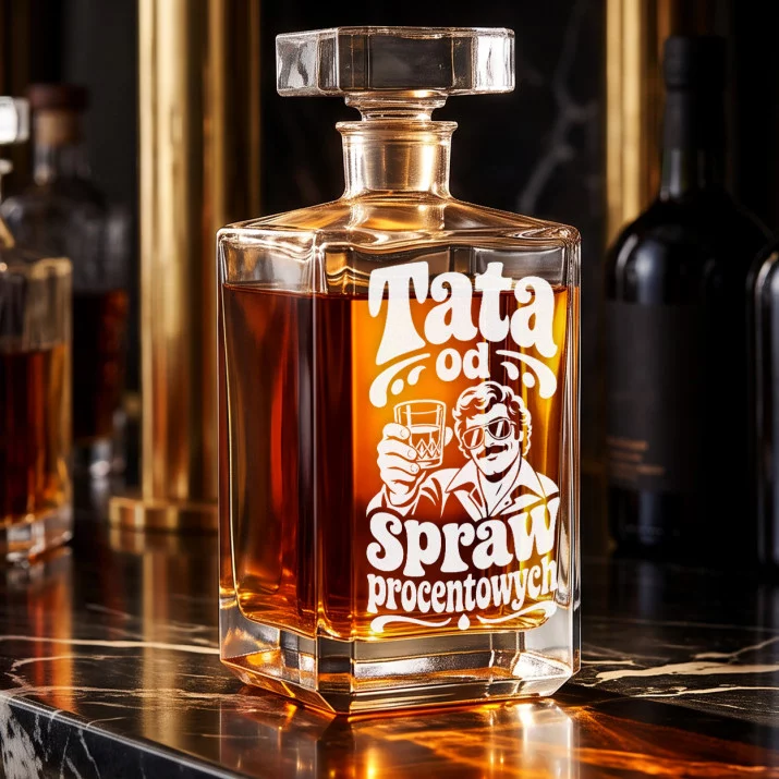 Karafka Do Whisky z Grawerem Na Dzień Ojca Prezent Dla Taty: Tata Od Spraw Procentowych Karafka Do Whisky z Grawerem Na Dzień Ojca Prezent Dla Taty: Tata Od Spraw Procentowych