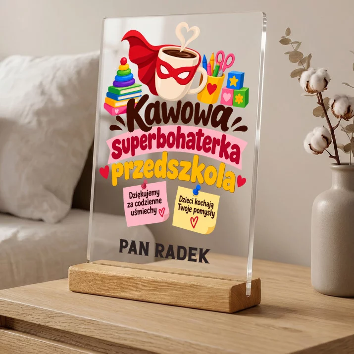 Druk Na Szkle Dla Nauczyciela Przedszkola Prezent Dla Mężczyzny: Kawowa Superbohaterka Druk Na Szkle Dla Nauczyciela Przedszkola Prezent Dla Mężczyzny: Kawowa Superbohaterka