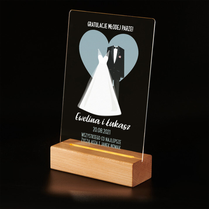 Gratulacje młodej parze - Wydruk na szkle akrylowym z podstawką led