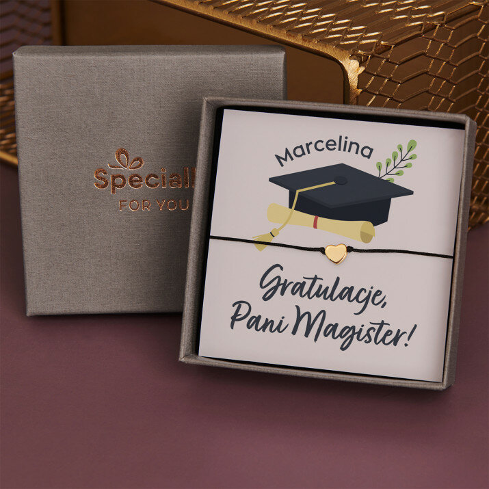 Gratulacje pani magister - Bransoletka na sznurku z pozłacanym sercem
