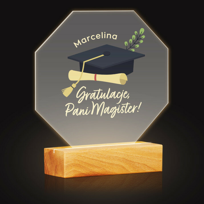 Gratulacje pani magister - Wydruk na szkle akrylowym led ośmiokąt