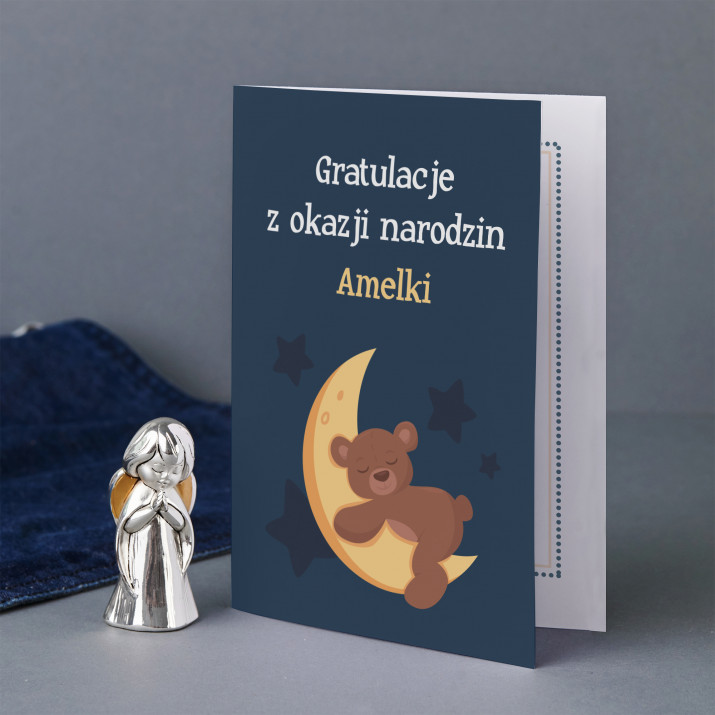 Gratulacje z okazji narodzin - Zestaw srebrny aniołek i kartka