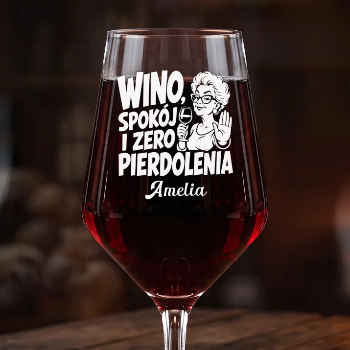 Mega Kieliszek Do Wina z Grawerem Dla Starszej Pani Prezent Dla Kobiety: Wino Spokój Mega Kieliszek Do Wina z Grawerem Dla Starszej Pani Prezent Dla Kobiety: Wino Spokój