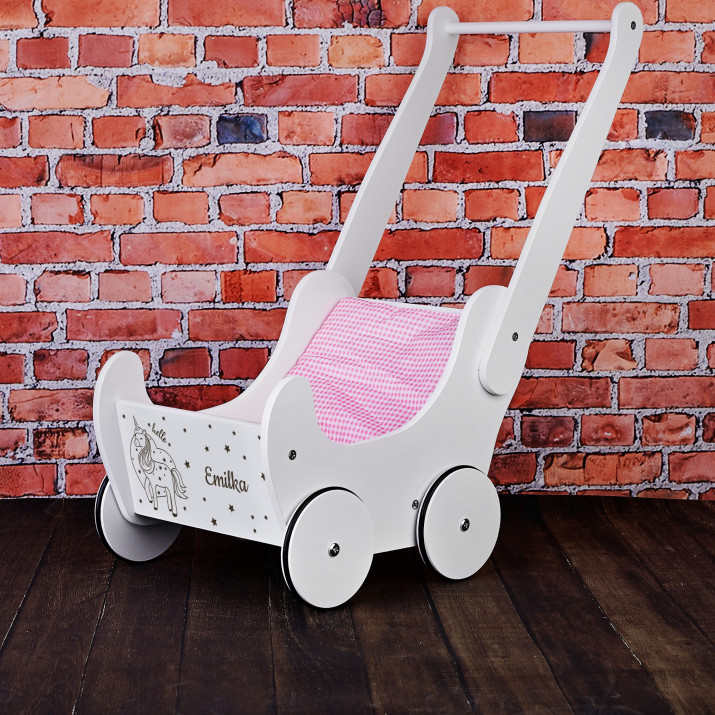Hello unicorn - Drewniany wózek dla lalek
