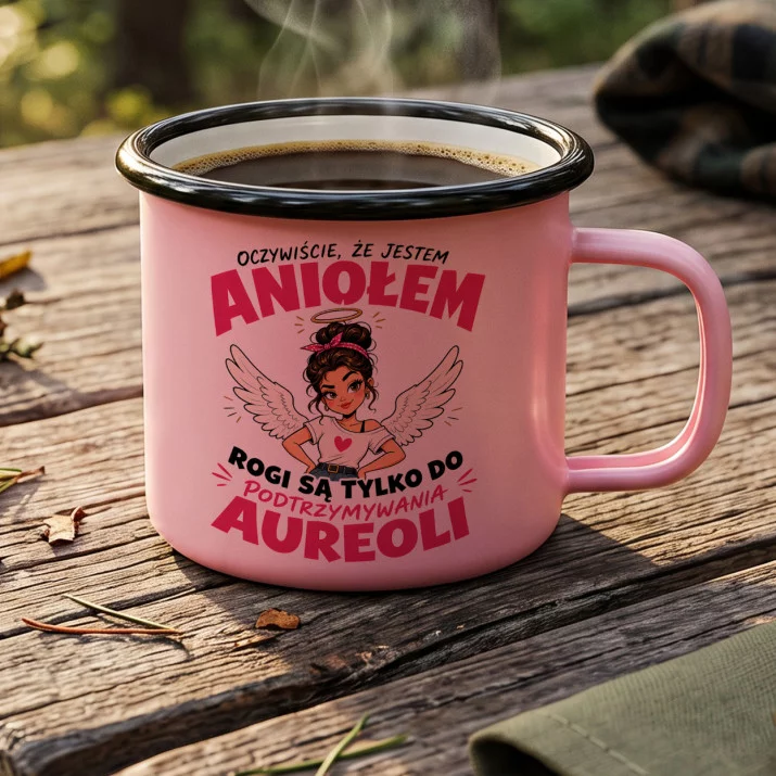 Kubek Emaliowany Dla Kobiety Prezent Dla Kobiety: Anioł Z Rogami Kubek Emaliowany Dla Kobiety Prezent Dla Kobiety: Anioł Z Rogami