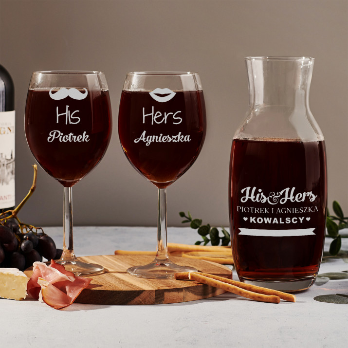 His&Hers - Zestaw grawerowana karafka i dwa kieliszki do wina