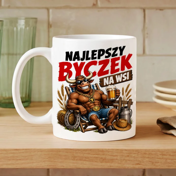 Kubek Z Nadrukiem Dla Faceta Prezent Dla Mężczyzny: Najlepszy Byczek Na Wsi Kubek Z Nadrukiem Dla Faceta Prezent Dla Mężczyzny: Najlepszy Byczek Na Wsi