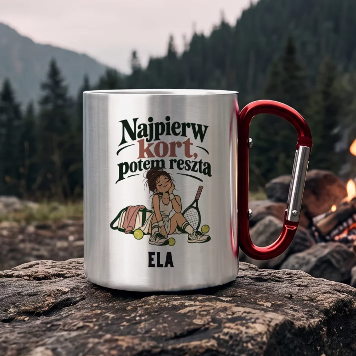 Kubek Metalowy z Karabińczykiem Dla Tenisistki Prezent Dla Kobiety: Najpierw Kort, Potem
