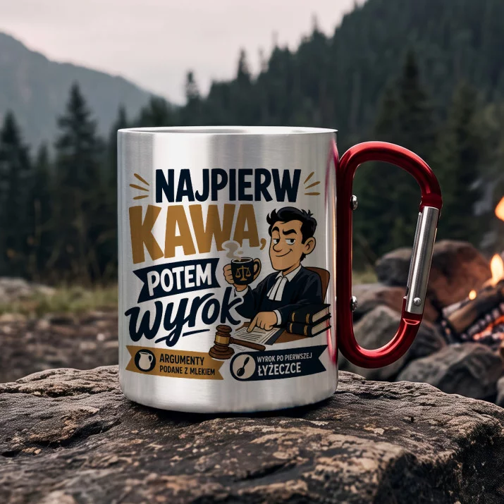 Kubek Metalowy z Karabińczykiem Dla Prawnika Prezent Dla Mężczyzny: Kawowy Adwokat Kubek Metalowy z Karabińczykiem Dla Prawnika Prezent Dla Mężczyzny: Kawowy Adwokat