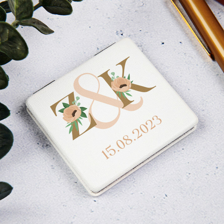 Inicjały data kwiaty - Lusterko kieszonkowe