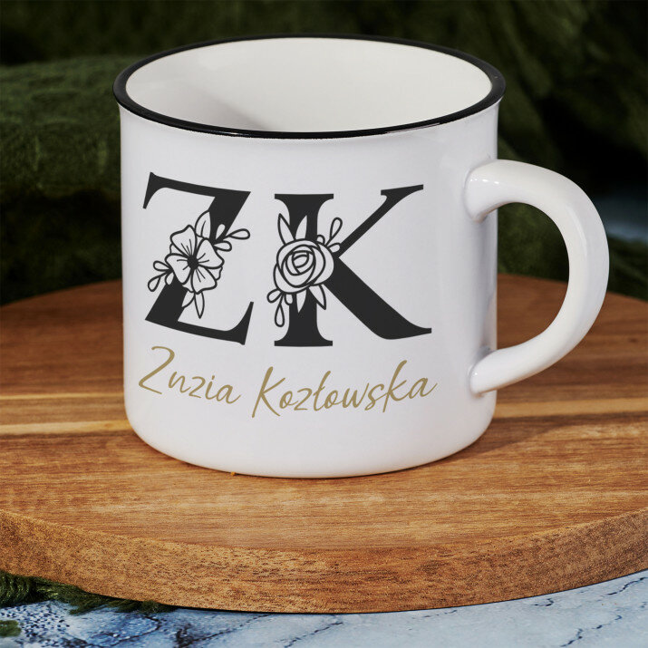 Inicjały imię nazwisko floral - Kubek ceramiczny z czarnym rantem