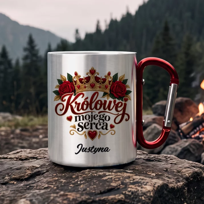 Kubek Metalowy z Karabińczykiem Na Urodziny Prezent Dla Kobiety: Królowej Mojego Serca Kubek Metalowy z Karabińczykiem Na Urodziny Prezent Dla Kobiety: Królowej Mojego Serca