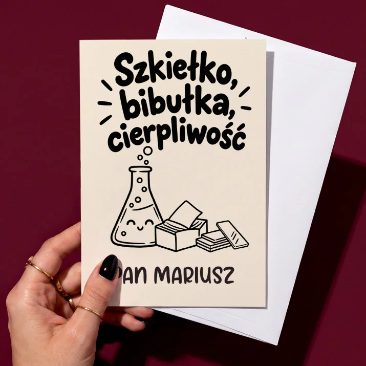 Kartka Personalizowana Dla Nauczyciela Chemii Prezent Na Dzień Nauczyciela Dla Mężczyzny: Szkiełko, Bibułka Kartka Personalizowana Dla Nauczyciela Chemii Prezent Na Dzień Nauczyciela Dla Mężczyzny: Szkiełko, Bibułka