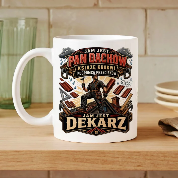Kubek Z Nadrukiem Dla Dekarza Prezent Dla Mężczyzny: Pan Dachów I Kubek Z Nadrukiem Dla Dekarza Prezent Dla Mężczyzny: Pan Dachów I