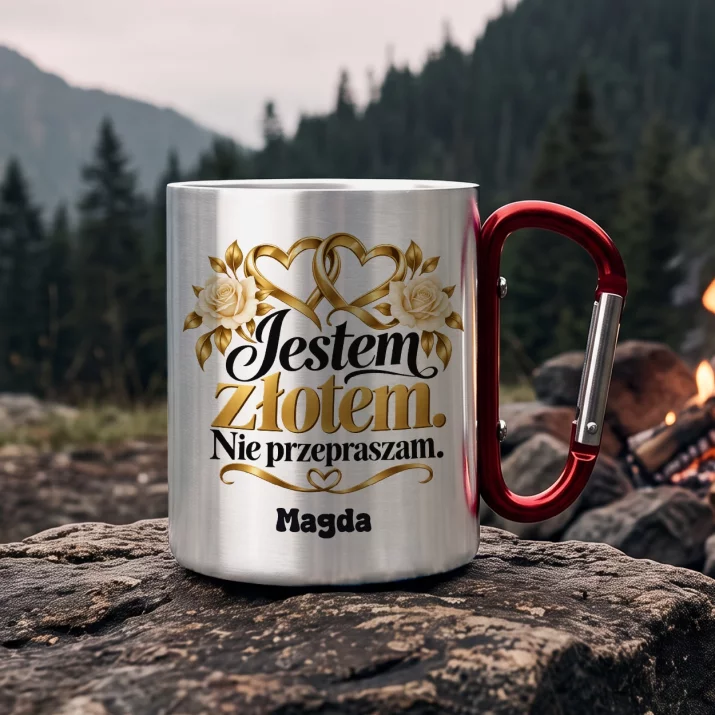 Kubek Metalowy z Karabińczykiem Na 50 Rocznicę Ślubu Prezent Dla Kobiety: Jestem Złotem. Nie