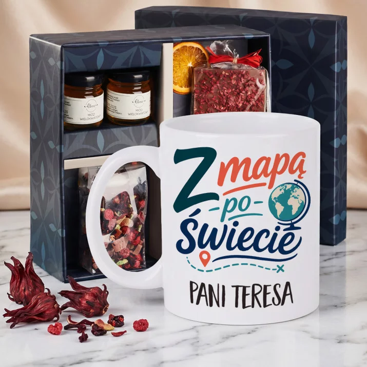 Zestaw Prezenowy z Kubkiem Dla Nauczycielki Geografii Na Dzień Nauczyciela Dla Kobiety: Z Mapą Po Świecie