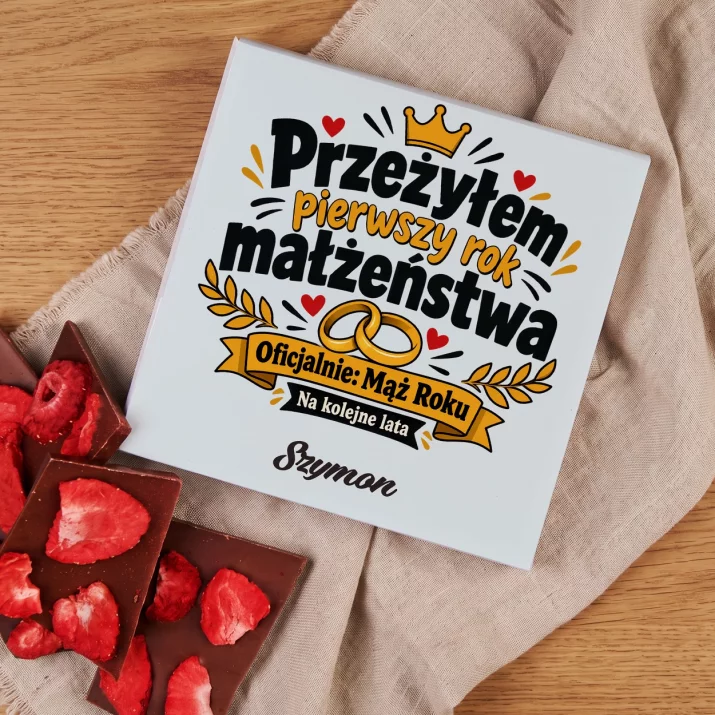 Czekolada z Truskawkami Na Pierwszą Rocznicę Ślubu Prezent Na Walentynki Dla Mężczyzny: Przeżyłem Pierwszy Rok