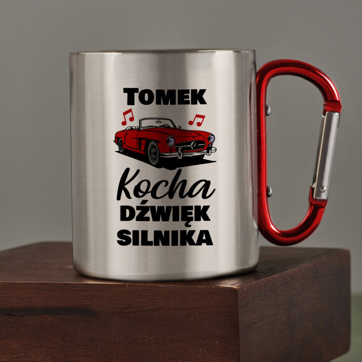 Kocha dźwięk silnika - Kubek metalowy z karabińczykiem Kocha dźwięk silnika - Kubek metalowy z karabińczykiem