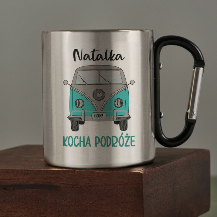 Kocha podróże - Kubek metalowy z karabińczykiem