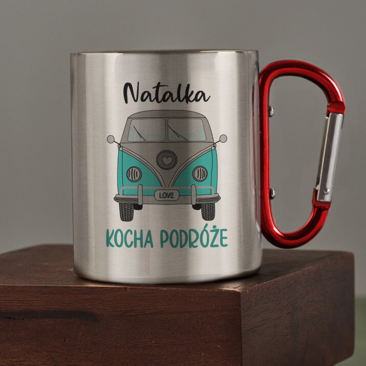Kocha podróże - Kubek metalowy z karabińczykiem Kocha podróże - Kubek metalowy z karabińczykiem