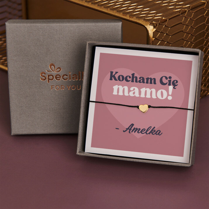 Kocham cię mamo - Bransoletka na sznurku z pozłacanym sercem