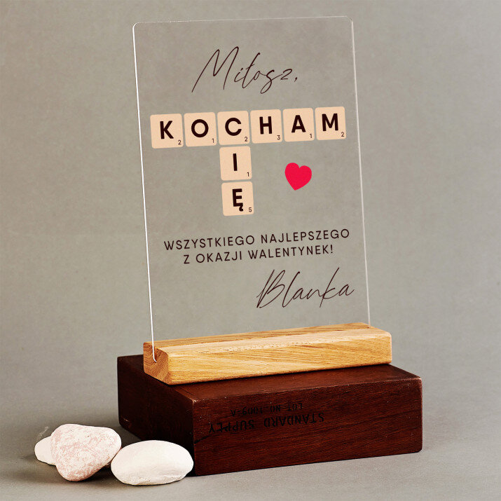 Kocham cię scrabble - Wydruk na szkle akrylowym z podstawką